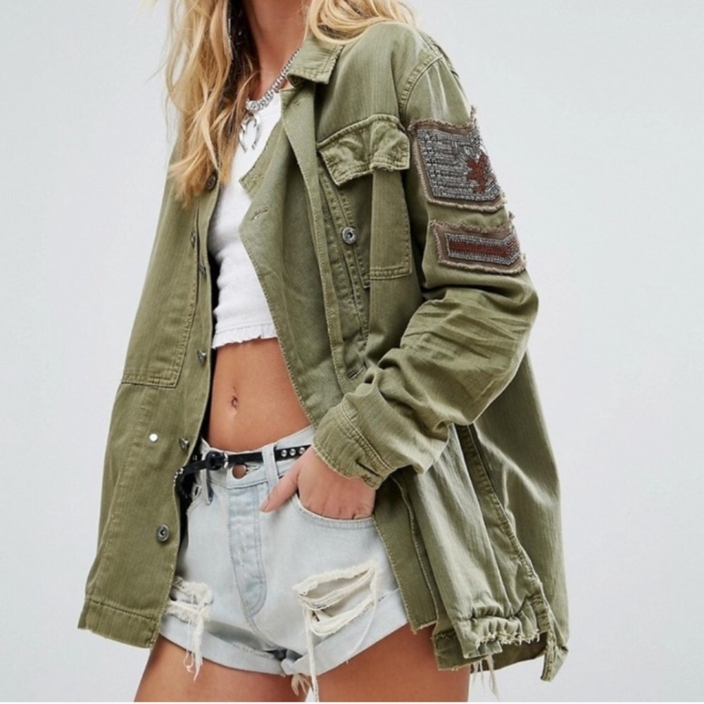 Free People Embellished Military Shirt Jacket